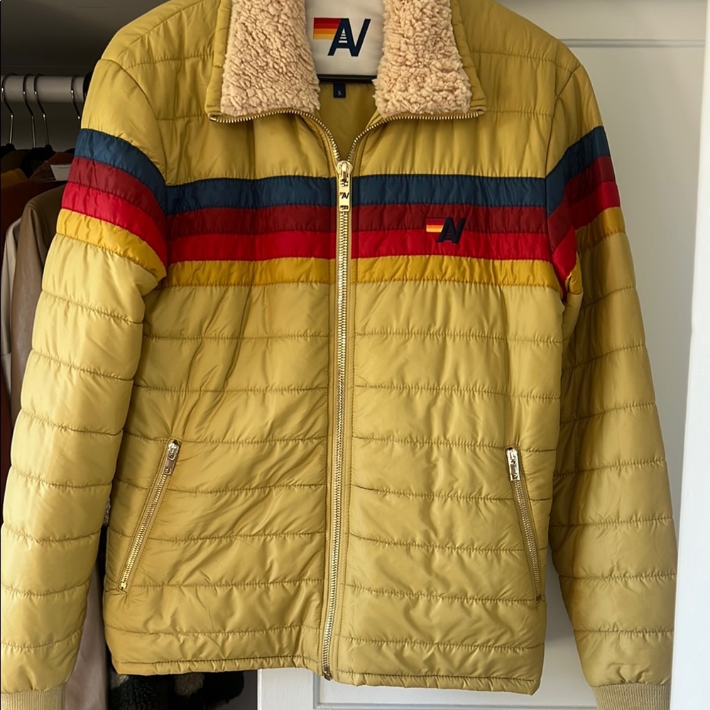 Aviator Nation Men's yellow Puffer Jacket with Multicolor Stripes